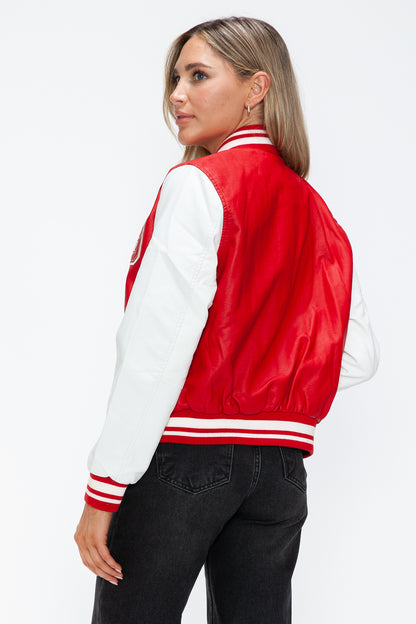 Love Me Now PU Leather Contrast Snap Down Bomber Jacket Tops/Jackets/Sweaters Clothing Tops Love Me Now Ship from USA TikTok Trendsi USPS Walmart Trendsi https://www.cyberehub.com
