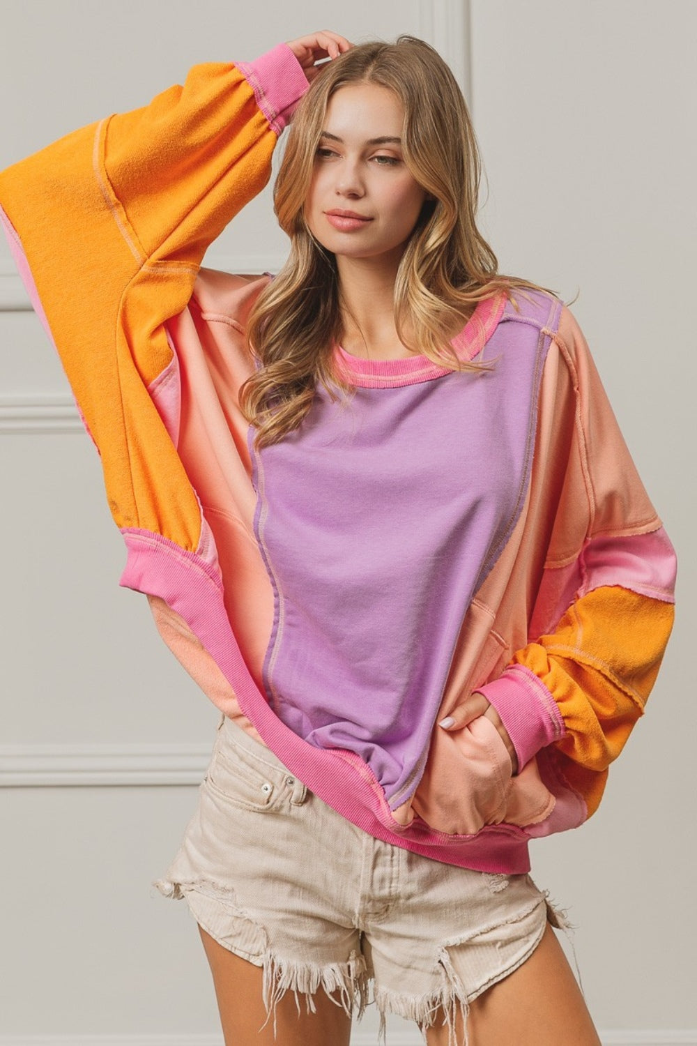 BiBi Color Block Exposed Seam Sweatshirt with Pockets Tops/Jackets/Sweaters BiBi Clothing Tops Ship from USA TikTok Trendsi USPS Walmart Trendsi https://www.cyberehub.com