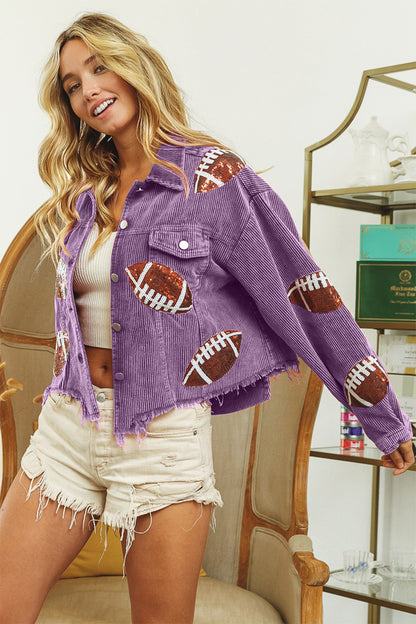 BiBi Football Sequin Embroidery Washed Corduroy Jacket Shirt Apparel BiBi Clothing Tops Ship from USA Shirts USA Women Trendsi https://www.cyberehub.com