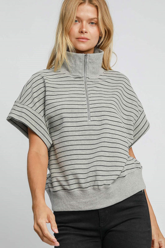 Umgee Striped Half Zip Short Sleeve Sweatshirt Gray Apparel/Tops Ship from USA TikTok Tops Trendsi Umgee USA USPS Walmart Walmart Apparel Trendsi https://www.cyberehub.com