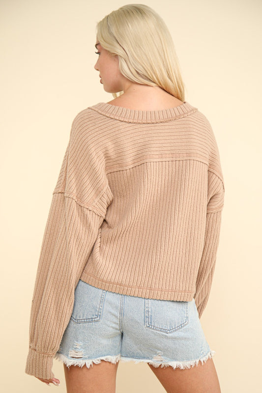 VERY J Exposed Seam V-Neck Ribbed Knit Top Shirt Apparel Clothing Tops Ship from USA Shirts USA VERY J Women Trendsi https://www.cyberehub.com