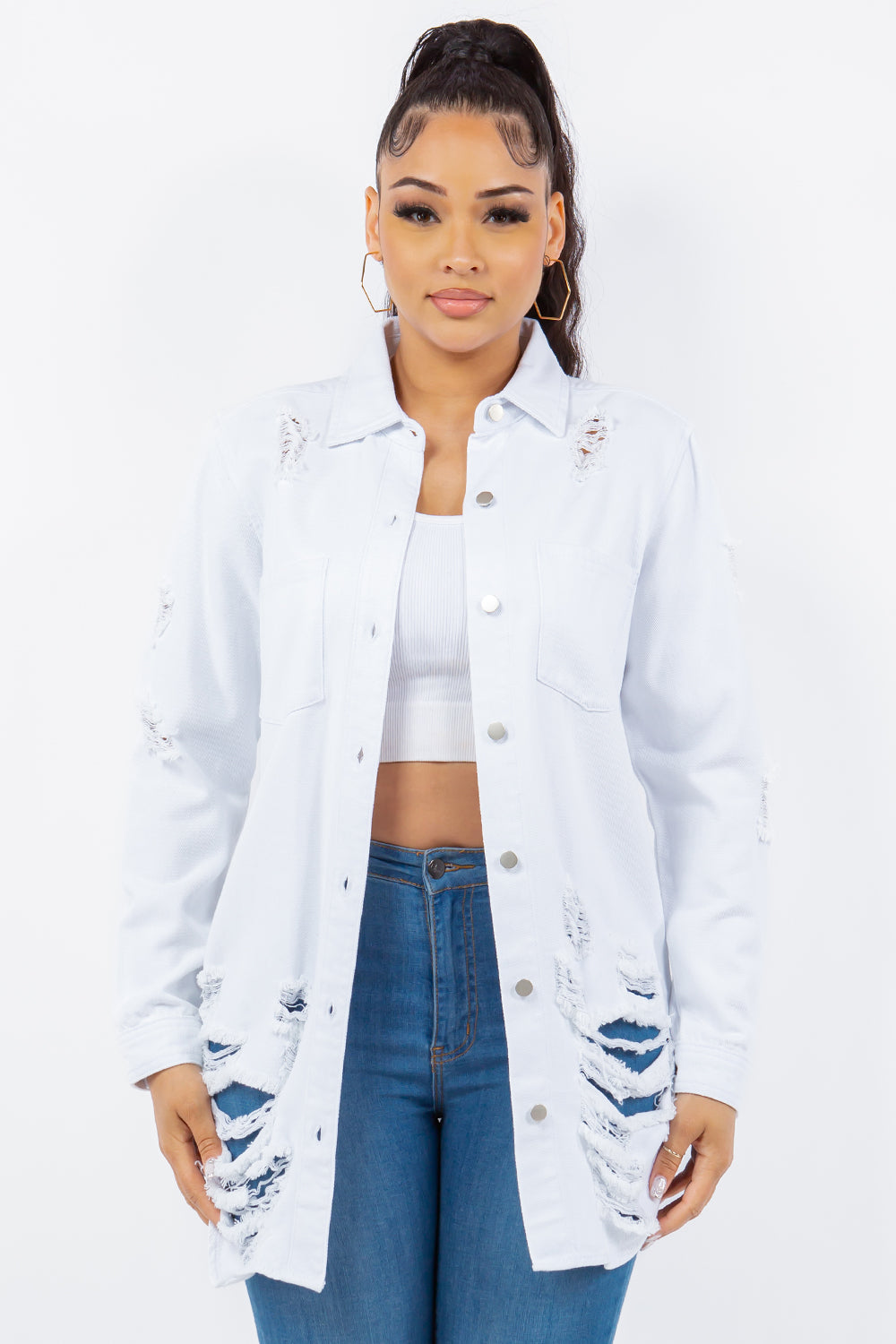 American Bazi Distressed Button Up Long Sleeve Denim Jacket White Tops/Jackets/Sweaters American Bazi Clothing Tops Ship from USA TikTok Trendsi USPS Walmart Trendsi https://www.cyberehub.com