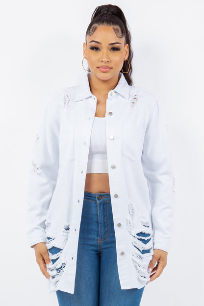 American Bazi Distressed Button Up Long Sleeve Denim Jacket White Tops/Jackets/Sweaters American Bazi Clothing Tops Ship from USA TikTok Trendsi USPS Walmart Trendsi https://www.cyberehub.com