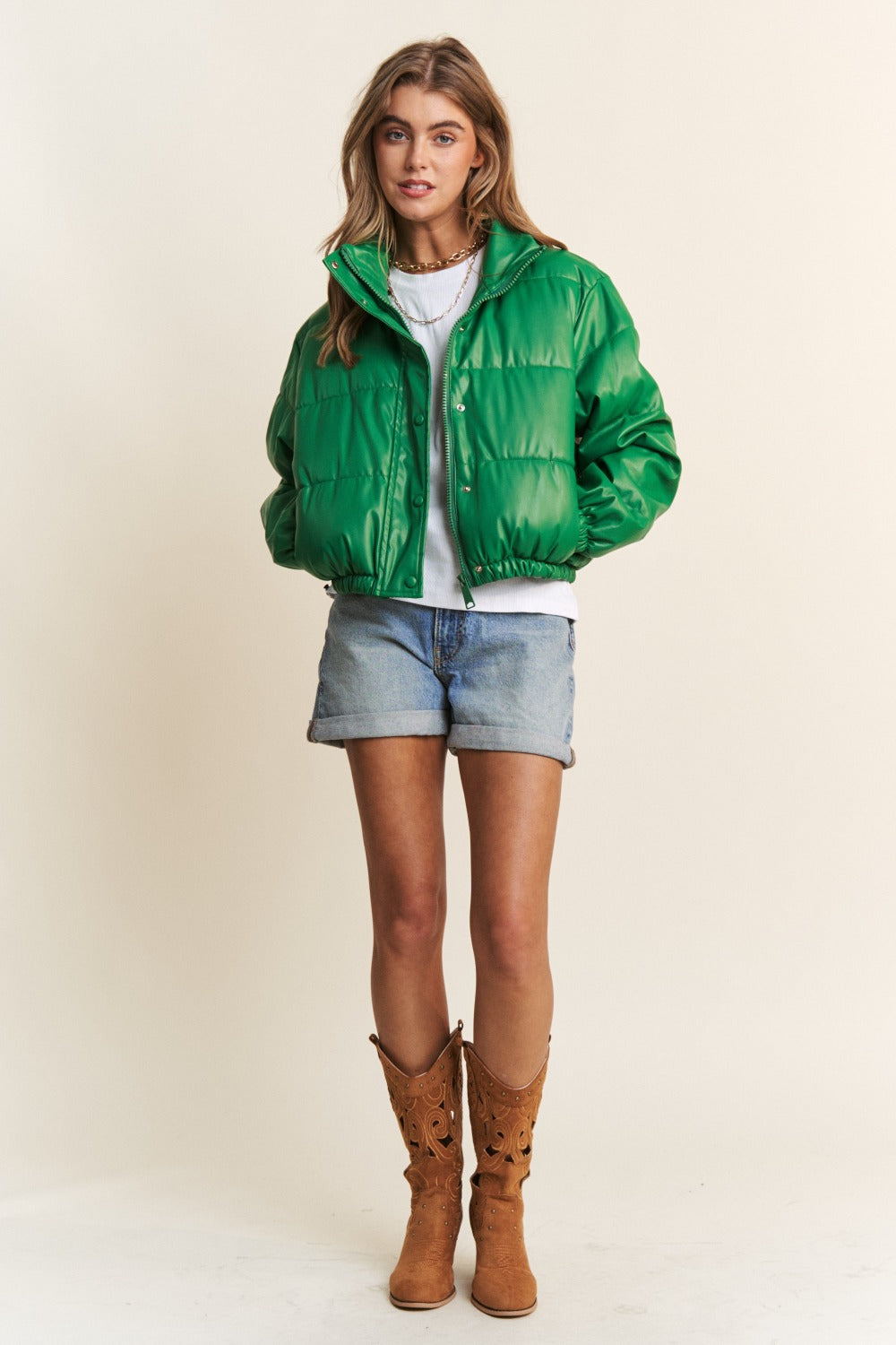 J.NNA Turtleneck Snap and Zipper Closure Crop Puff Jacket Shirt Apparel Clothing Tops J.NNA Ship from USA Shirts USA Women Trendsi https://www.cyberehub.com