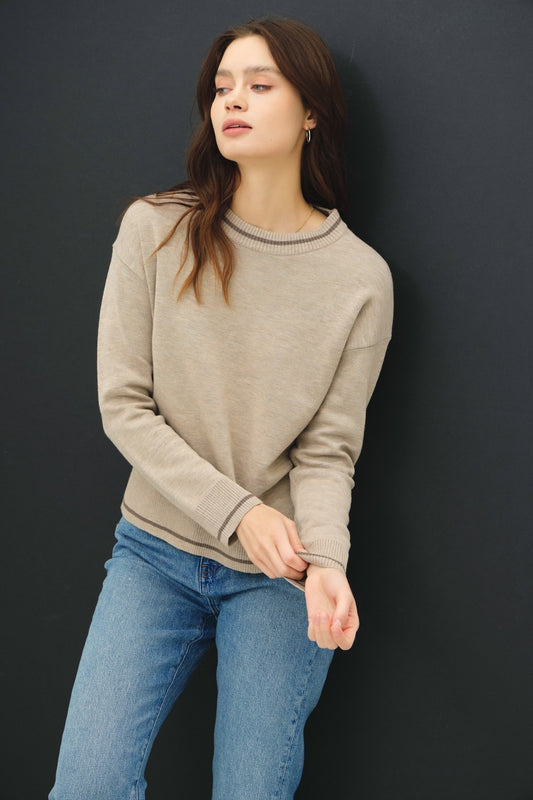 Be Cool Striped Trim Round Neck Long Sleeve Sweater Mocha Tops/Jackets/Sweaters BE COOL Clothing Tops Ship from USA TikTok Trendsi USPS Walmart Trendsi https://www.cyberehub.com