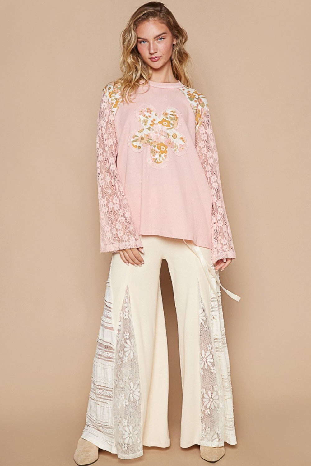 POL Flower Patch Lace Sleeve Knit Top Shirt Apparel Clothing Tops POL Ship from USA Shirts USA Women Trendsi https://www.cyberehub.com