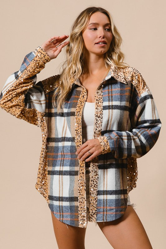 BiBi Curved Hem Sequin Plaid Button Up Shacket Latte Multi Apparel/Tops BiBi Ship from USA TikTok Tops Trendsi USPS Walmart Walmart Apparel Trendsi https://www.cyberehub.com