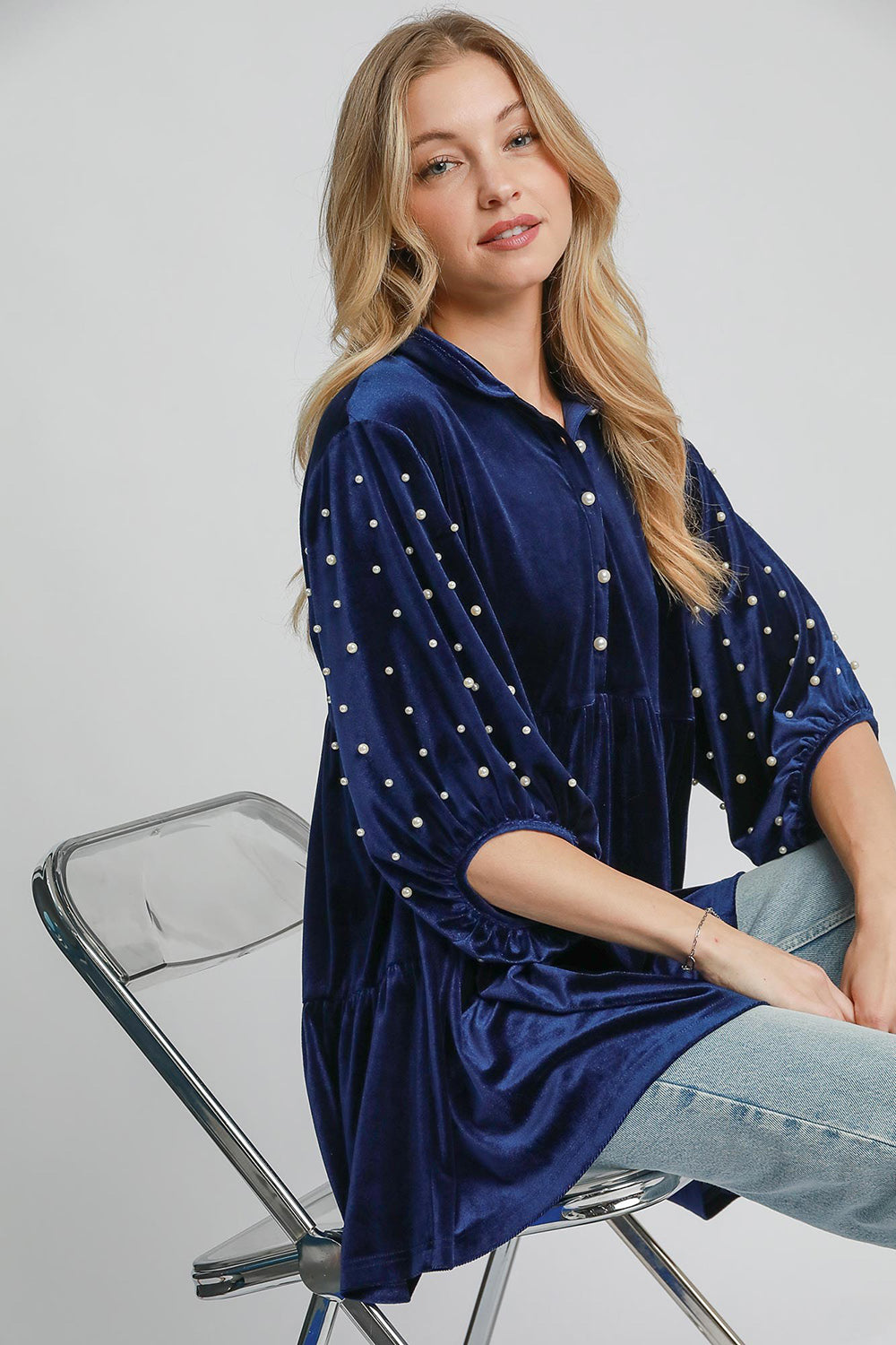 Umgee Pearl Detail Collared Neck Velvet Babydoll Blouse Apparel/Tops Ship from USA TikTok Tops Trendsi Umgee USA USPS Walmart Walmart Apparel Trendsi https://www.cyberehub.com