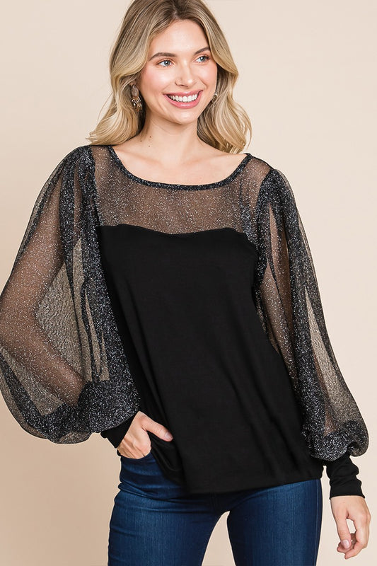 Super Lady Full Size Metallic Mesh Lantern Sleeve Blouse Black Apparel/Tops Ship from USA Super Lady TikTok Tops Trendsi USPS Walmart Walmart Apparel Trendsi https://www.cyberehub.com