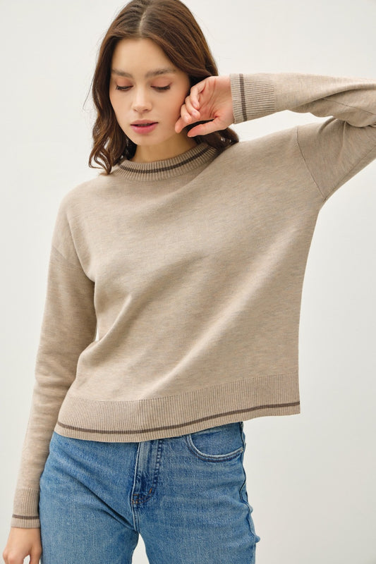Be Cool Striped Trim Round Neck Long Sleeve Sweater Tops/Jackets/Sweaters BE COOL Clothing Tops Ship from USA TikTok Trendsi USPS Walmart Trendsi https://www.cyberehub.com