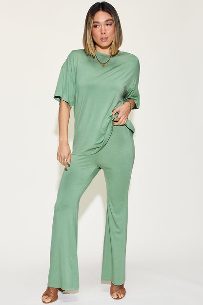 Basic Bae Full Size Bamboo Drop Shoulder T-Shirt and Flare Pants Set Sage Apparel/Tops Basic Bae Ship from USA TikTok Tops Trendsi USPS Walmart Walmart Apparel Trendsi https://www.cyberehub.com