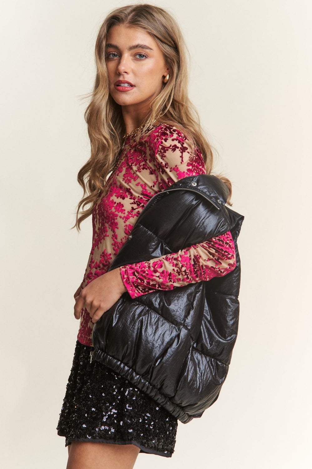 J.NNA Snap and Zipper Shiny Metallic Puffer Vest Shirt Apparel Clothing Tops J.NNA Ship from USA Shirts USA Women Trendsi https://www.cyberehub.com