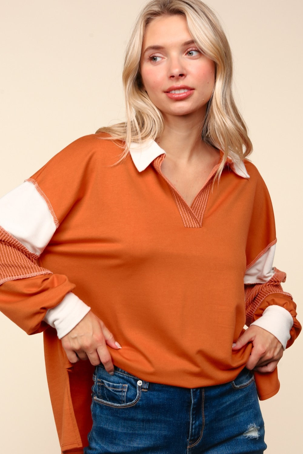 Haptics Color Block Exposed Seam Long Sleeve Top Tops/Jackets/Sweaters Clothing Tops Haptics Ship from USA TikTok Trendsi USPS Walmart Trendsi https://www.cyberehub.com