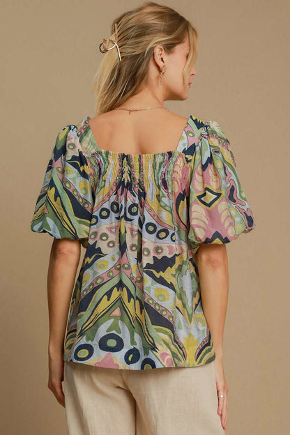 Umgee Full Size Abstract Print Smocked Square Neck Puff Sleeve Blouse Apparel/Tops Ship from USA TikTok Tops Trendsi Umgee USA USPS Walmart Walmart Apparel Trendsi https://www.cyberehub.com
