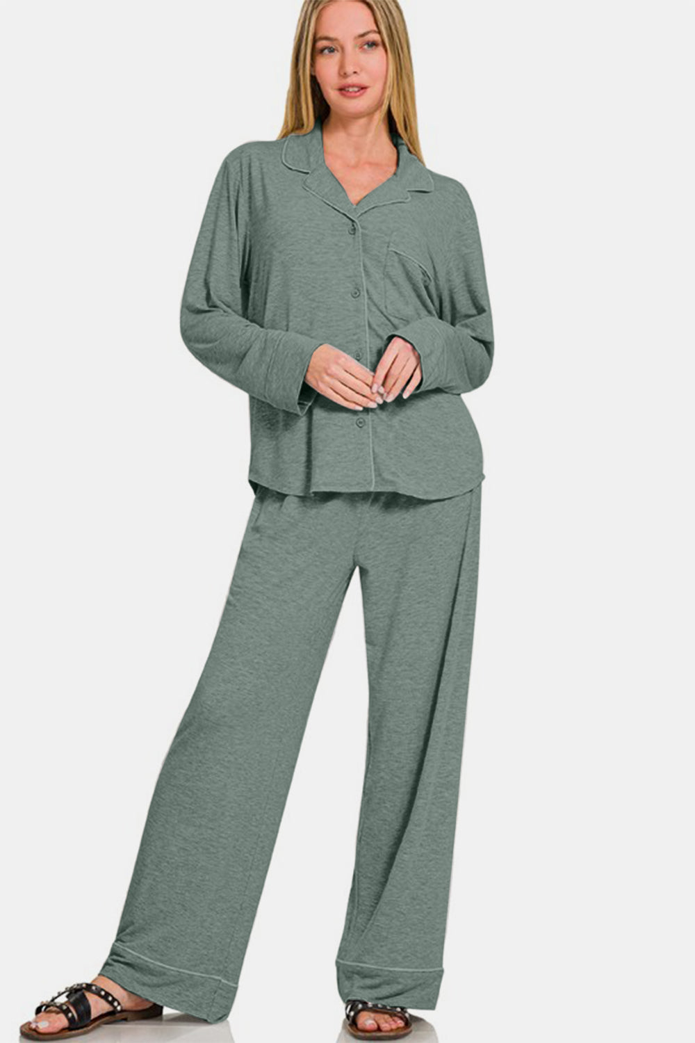 Zenana Button Down Long Sleeve Top and Pants Lounge Set Apparel Apparel Ship from USA TikTok Trendsi Zenana Trendsi https://www.cyberehub.com
