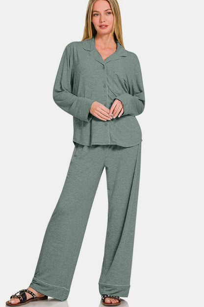 Zenana Button Down Long Sleeve Top and Pants Lounge Set Apparel Apparel Ship from USA TikTok Trendsi Zenana Trendsi https://www.cyberehub.com