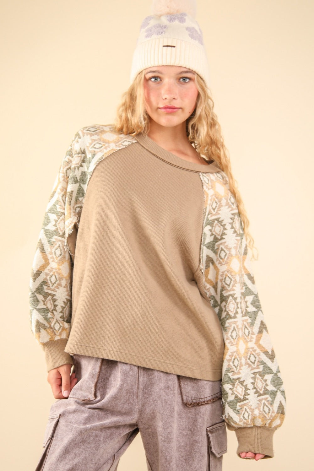 VERY J Printed Long Sleeve Round Neck Knit Top Taupe Shirt Apparel Clothing Tops price-change-job-active Ship from USA Shirts USA VERY J Women Trendsi https://www.cyberehub.com