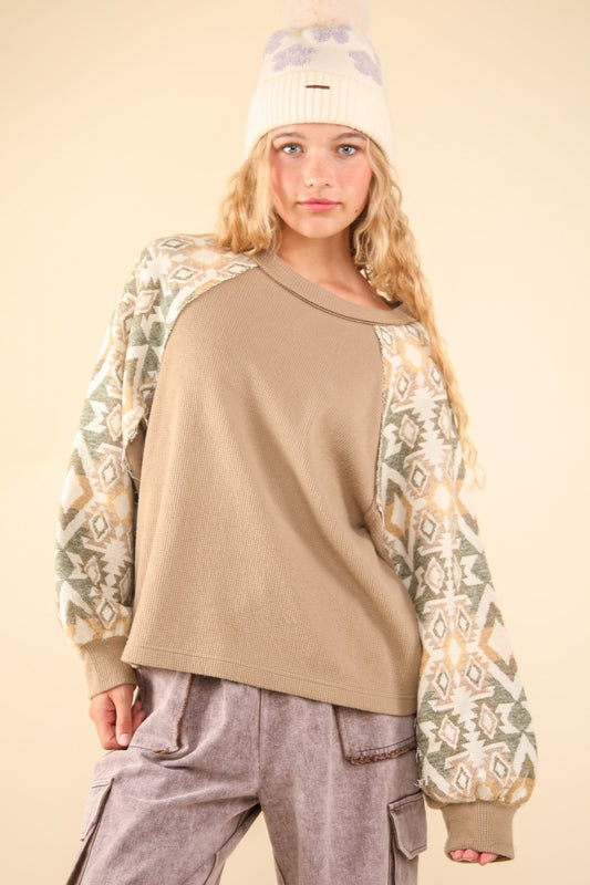VERY J Printed Long Sleeve Round Neck Knit Top Taupe Shirt Apparel Clothing Tops price-change-job-active Ship from USA Shirts USA VERY J Women Trendsi https://www.cyberehub.com