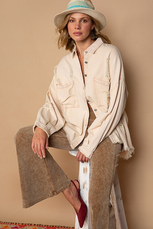 POL Button Down Raw Hem Distressed Shacket Pink Beige Shirt Apparel Clothing Tops POL Ship from USA Shirts USA Women Trendsi https://www.cyberehub.com