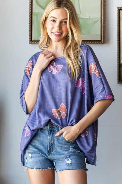 HOPELY Bow Print Waffle Side Slit T-Shirt Purple Tops/Jackets/Sweaters Clothing Tops HOPELY Ship from USA TikTok Trendsi USPS Walmart Trendsi https://www.cyberehub.com