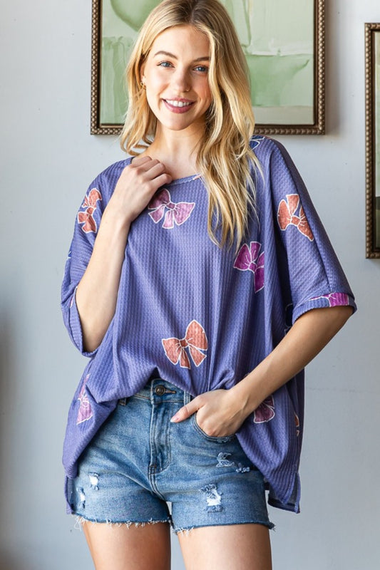 HOPELY Bow Print Waffle Side Slit T-Shirt Purple Tops/Jackets/Sweaters Clothing Tops HOPELY Ship from USA TikTok Trendsi USPS Walmart Trendsi https://www.cyberehub.com