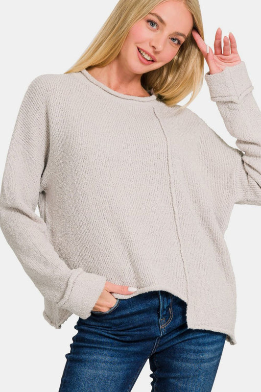 Zenana Asymmetric Hem Drop Shoulder Sweater Bone Shirt Apparel Clothing Tops Ship from USA Shirts USA Women Zenana Trendsi https://www.cyberehub.com