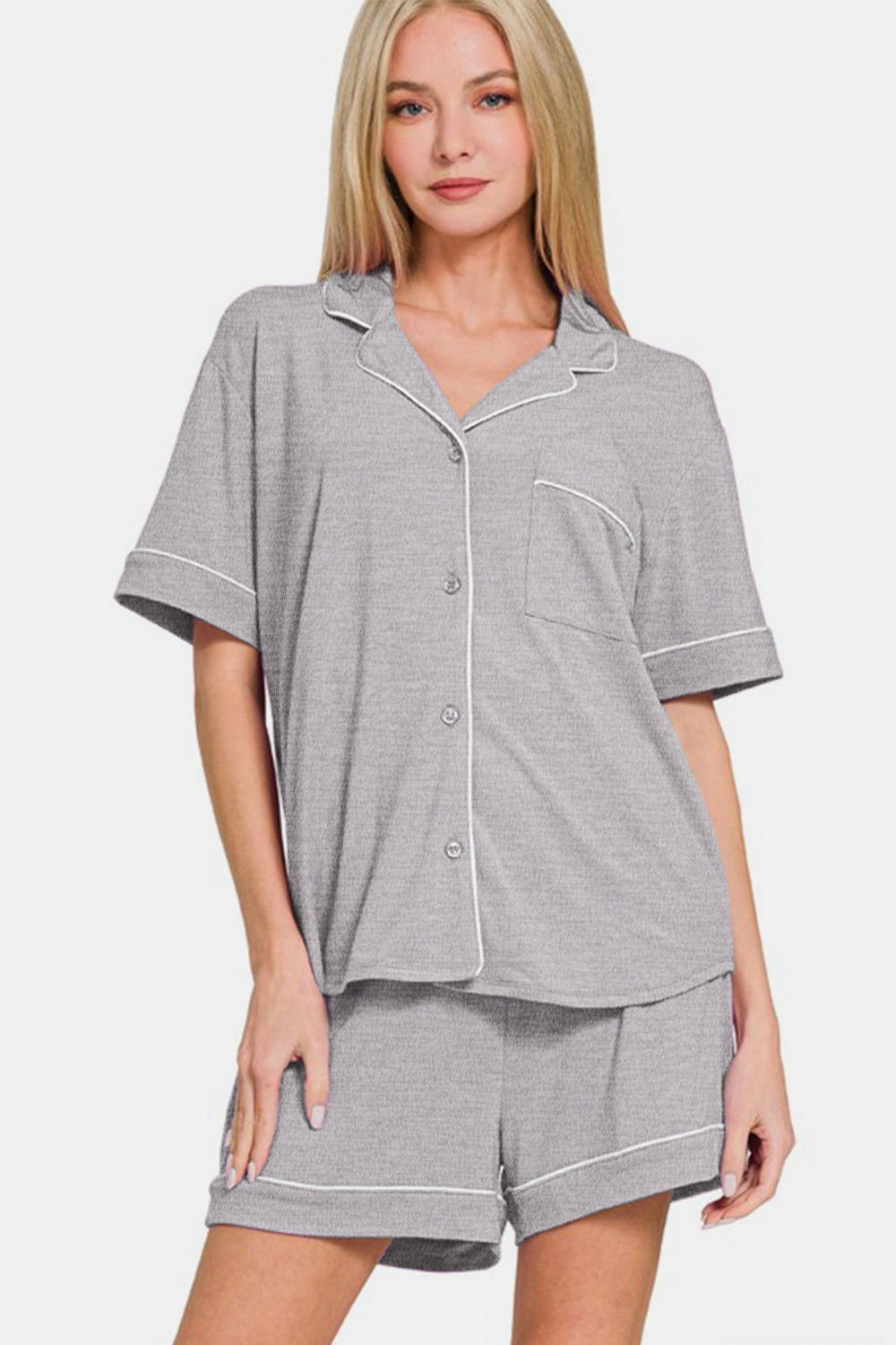 Zenana Button Down Short Sleeve Top and Shorts Lounge Set Light Gray Apparel Apparel Ship from USA TikTok Trendsi Zenana Trendsi https://www.cyberehub.com