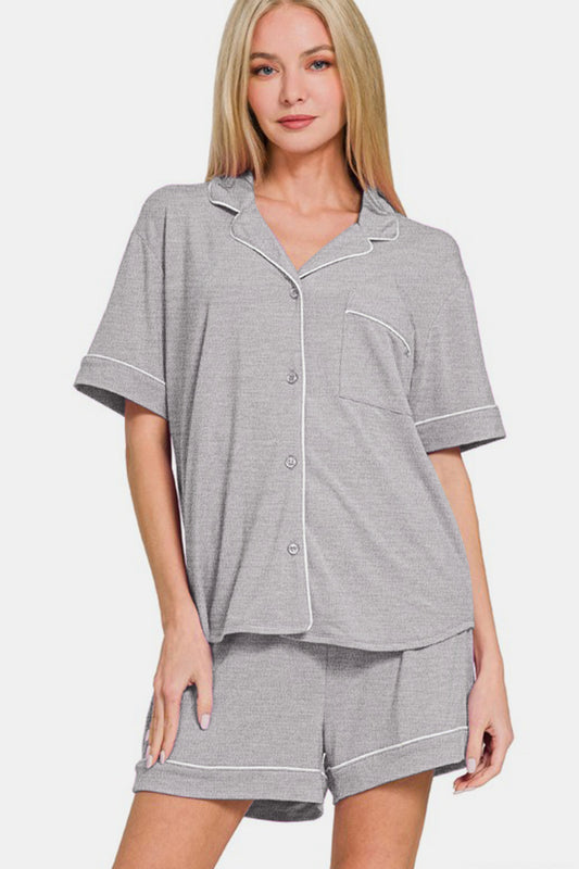 Zenana Button Down Short Sleeve Top and Shorts Lounge Set Light Gray Apparel Apparel Ship from USA TikTok Trendsi Zenana Trendsi https://www.cyberehub.com