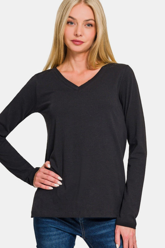Zenana Full Size V-Neck Long Sleeve T-Shirt Black Apparel/Tops Ship from USA TikTok Tops Trendsi USPS Walmart Walmart Apparel Zenana Trendsi https://www.cyberehub.com