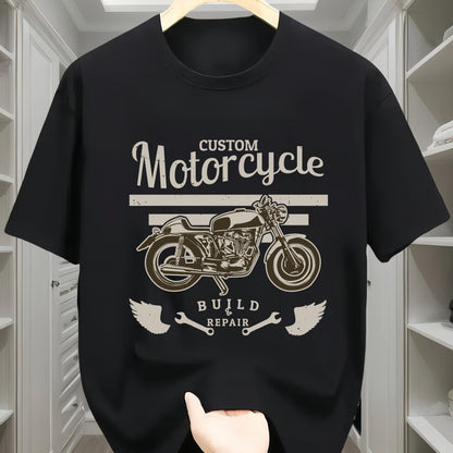 Casual Round Neck T-shirt With Motorcycle Pattern, Geometric Pattern, Short Sleeved Knitted Fabric, Comfortable All Season Wear, Regular Teenage Style - Motorcycle Letter Print Design Apparel/Shirt/Graphic Shirt SNULLO https://www.cyberehub.com