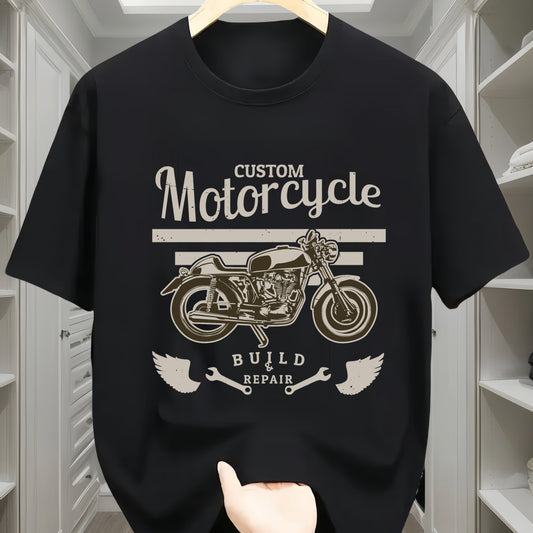 Casual Round Neck T-shirt With Motorcycle Pattern, Geometric Pattern, Short Sleeved Knitted Fabric, Comfortable All Season Wear, Regular Teenage Style - Motorcycle Letter Print Design Apparel/Shirt/Graphic Shirt SNULLO https://www.cyberehub.com