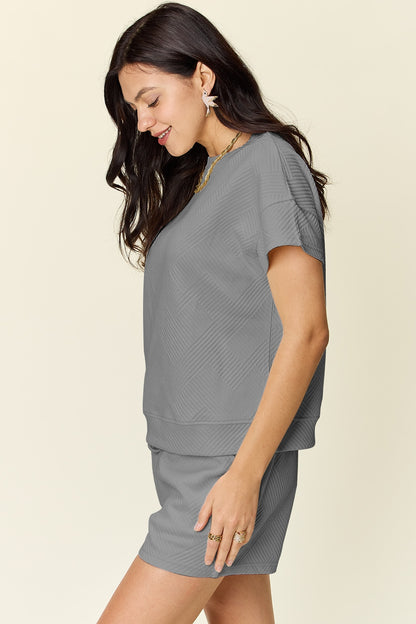 Double Take Full Size Texture Short Sleeve T-Shirt and Drawstring Shorts Set Apparel/Tops Double Take Ship from USA TikTok Tops Trendsi USPS Walmart Walmart Apparel Trendsi https://www.cyberehub.com