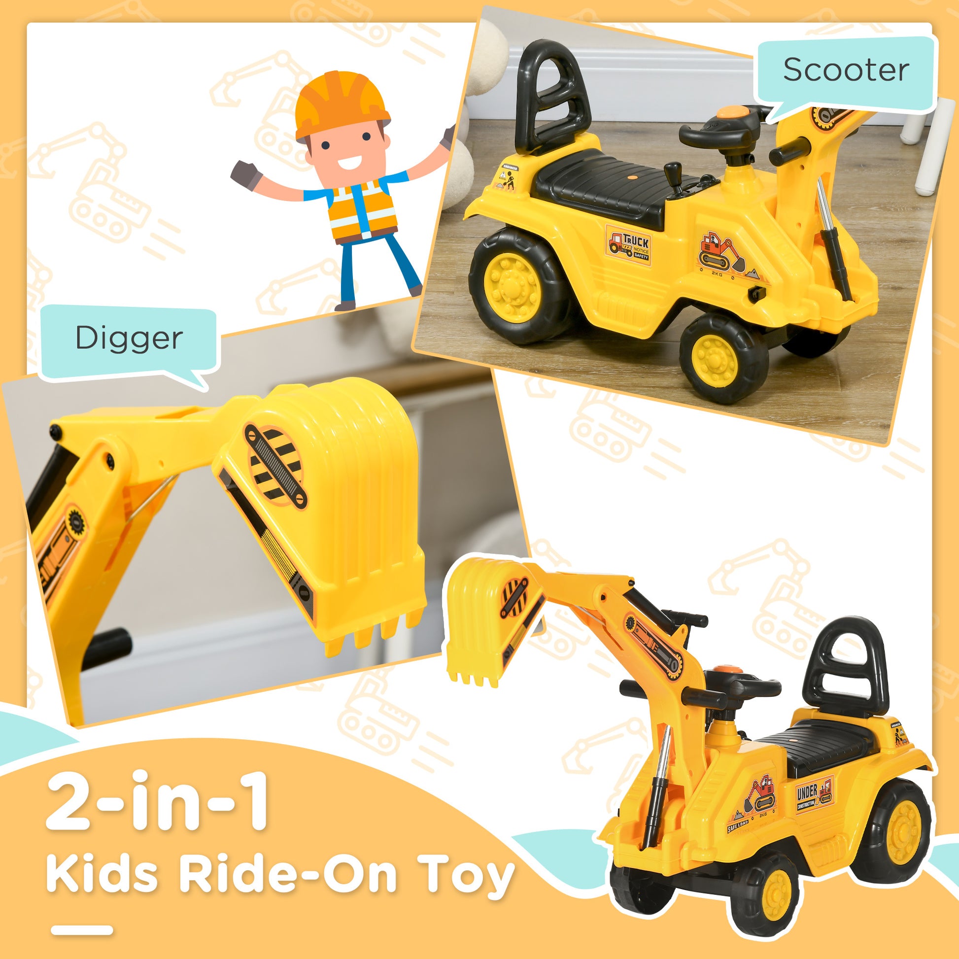 Ride On Excavator Pull Cart, Kids Digger Ride on Truck with Horn, Under Seat Storage, Sit and Scoot Pretend Play Toy Construction Car for Ages 18M+ Giga GNJ Kids Toys Giga https://www.cyberehub.com