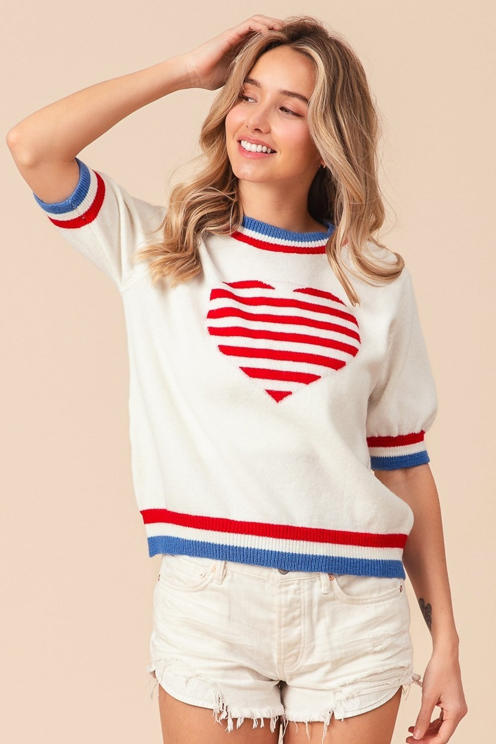 BiBi US Flag Theme Striped Heart Sweater Shirt Apparel BiBi Clothing Tops Ship from USA Shirts USA Women Trendsi https://www.cyberehub.com