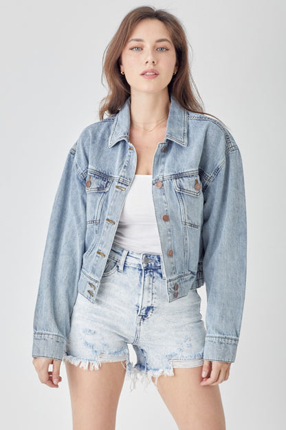 RISEN Full Size Button Down Cropped Denim Jacket Light Shirt Apparel Clothing Tops RISEN Ship from USA Shirts USA Women Trendsi https://www.cyberehub.com