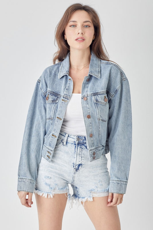 RISEN Full Size Button Down Cropped Denim Jacket Light Shirt Apparel Clothing Tops RISEN Ship from USA Shirts USA Women Trendsi https://www.cyberehub.com