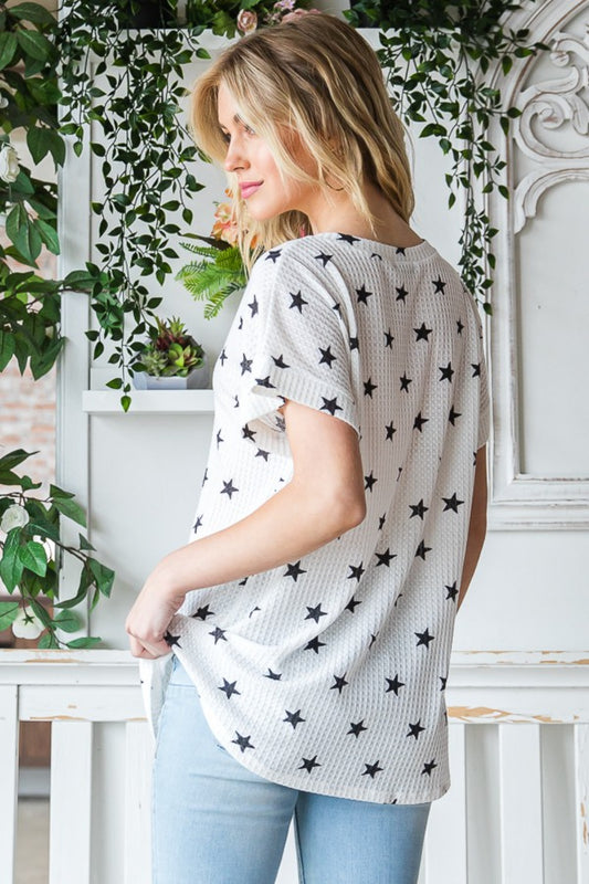 Heimish Full Size Star Print Short Sleeve V-Neck Waffle Knit T-Shirt Apparel/Tops Heimish Ship from USA TikTok Tops Trendsi USPS Walmart Walmart Apparel Trendsi https://www.cyberehub.com