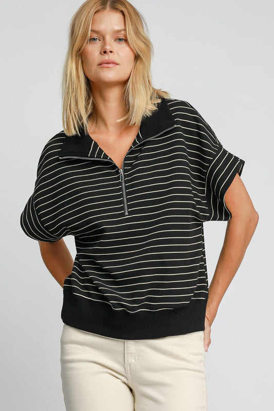 Umgee Striped Half Zip Short Sleeve Sweatshirt Black Apparel/Tops Ship from USA TikTok Tops Trendsi Umgee USA USPS Walmart Walmart Apparel Trendsi https://www.cyberehub.com