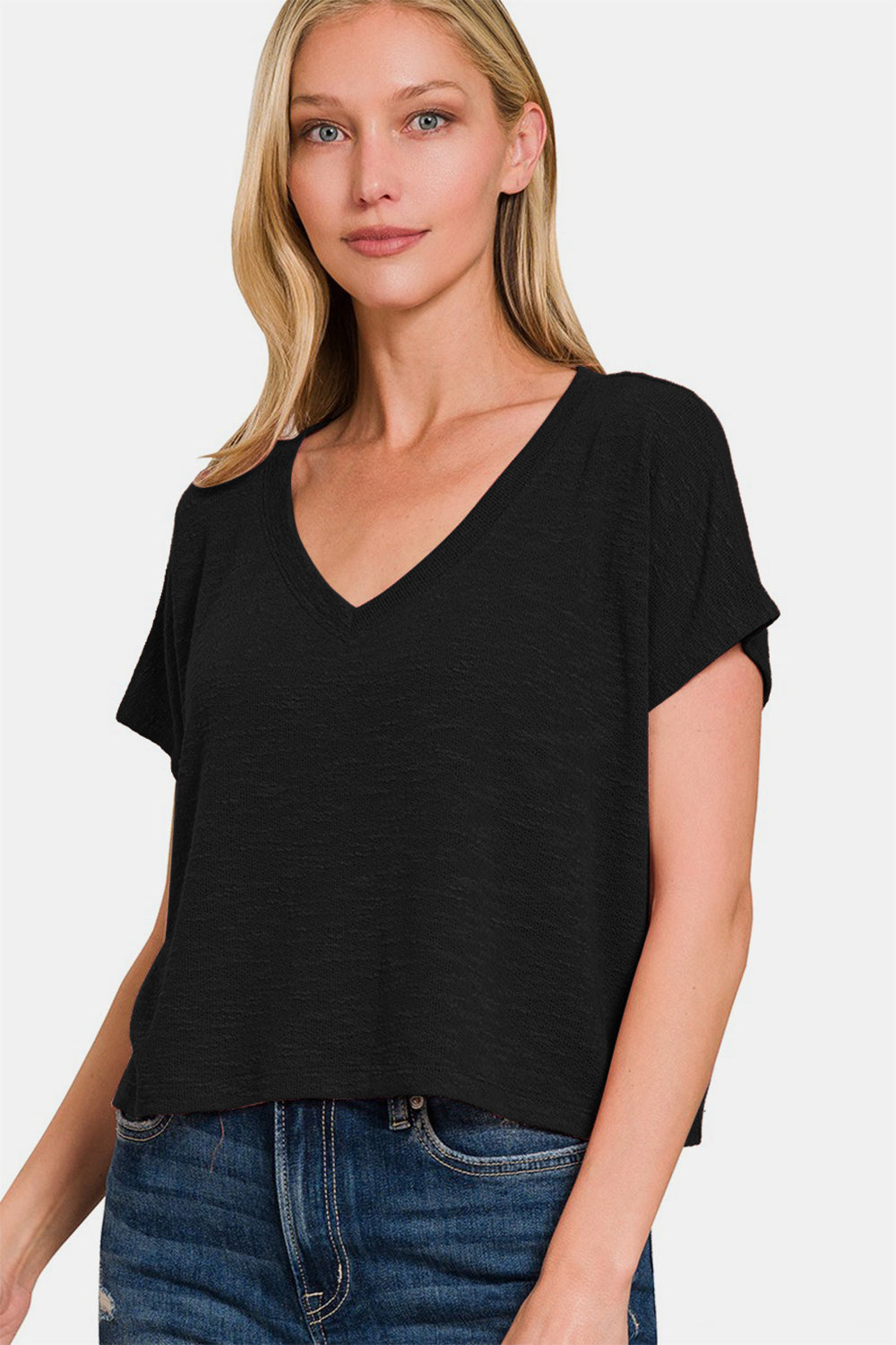 Zenana V-Neck Short Sleeve Crop T-Shirt Apparel/Tops Ship from USA TikTok Tops Trendsi USPS Walmart Walmart Apparel Zenana Trendsi https://www.cyberehub.com