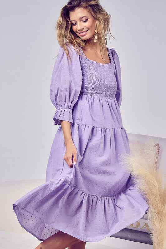 BiBi Swiss Dot Flounce Sleeve Smocked Tiered Midi Dress Lavender Apparel/Dress BiBi Dress Ship from USA TikTok Trendsi USPS Walmart Walmart Apparel Trendsi https://www.cyberehub.com