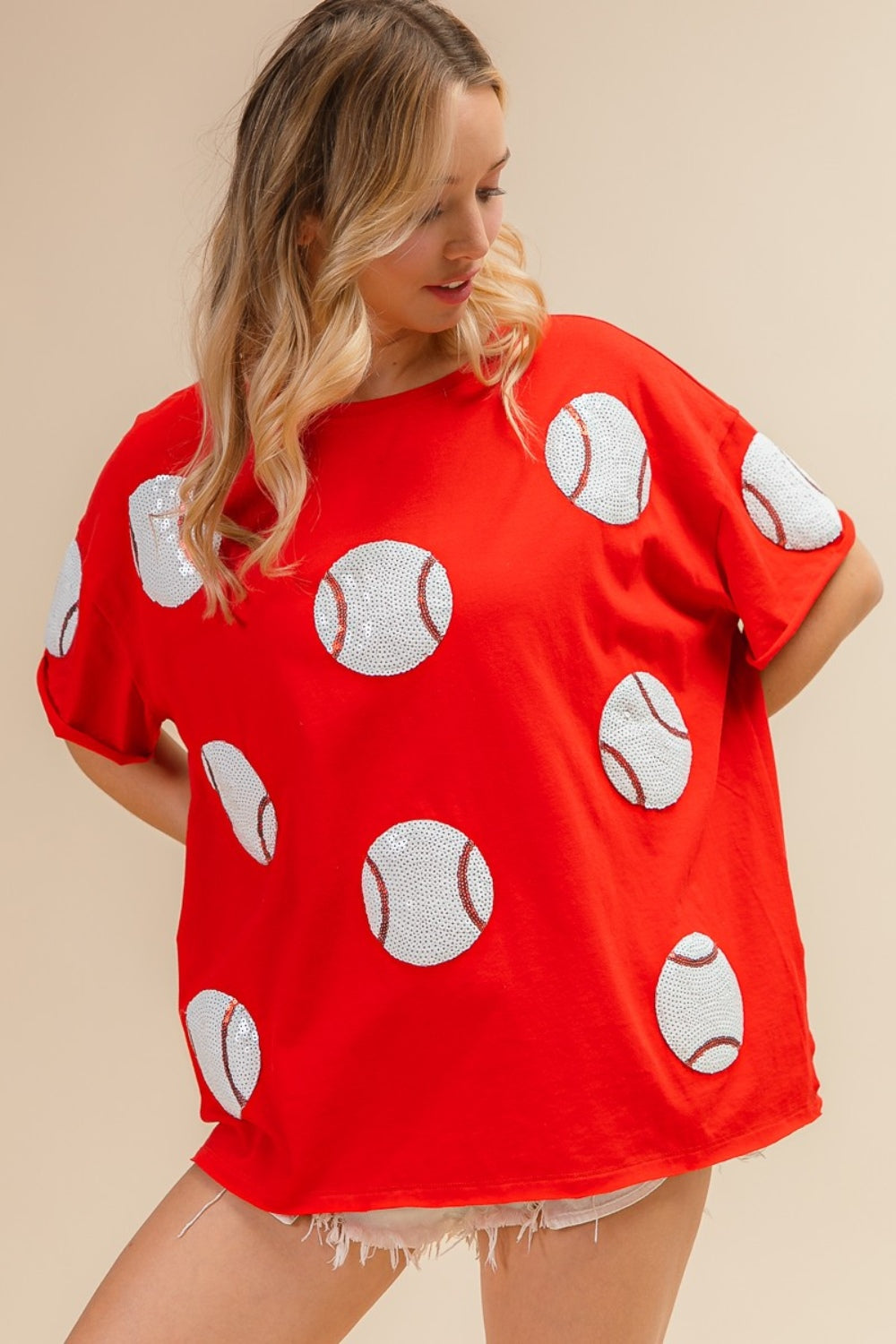 BiBi Sequin Baseball Drop Shoulder Short Sleeve T-Shirt Tops/Jackets/Sweaters BiBi Clothing Tops Ship from USA TikTok Trendsi USPS Walmart Trendsi https://www.cyberehub.com