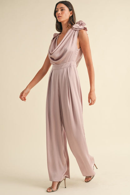 MABLE 3D Floral Applique Deep Cowl Neck Jumpsuit Bottoms Bottoms Clothing MABLE Ship from USA Women Trendsi https://www.cyberehub.com