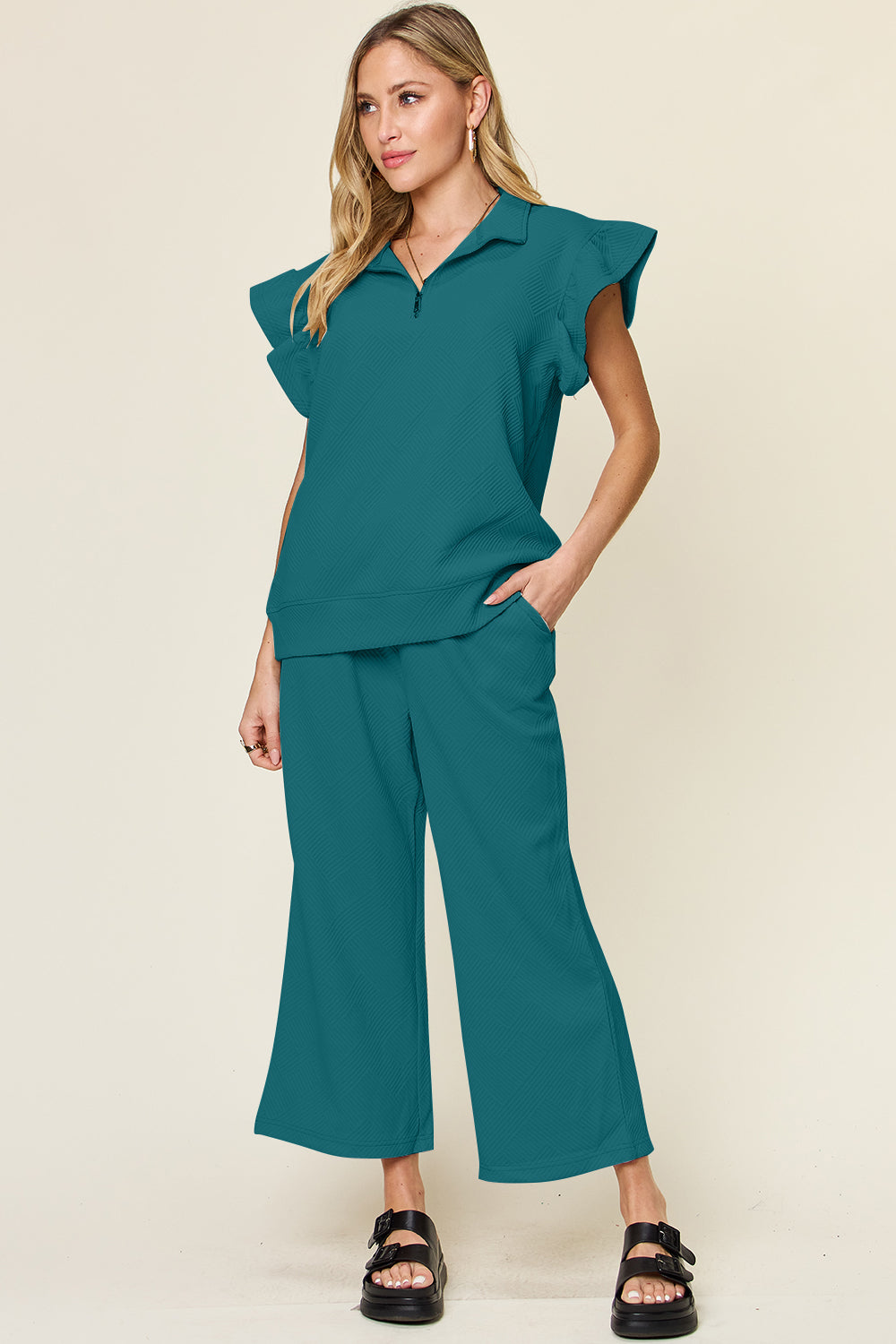 Double Take Texture Ruffle Short Sleeve Top and Drawstring Wide Leg Pants Set Deep Teal Apparel/Tops Double Take Ship from USA TikTok Tops Trendsi USPS Walmart Walmart Apparel Trendsi https://www.cyberehub.com