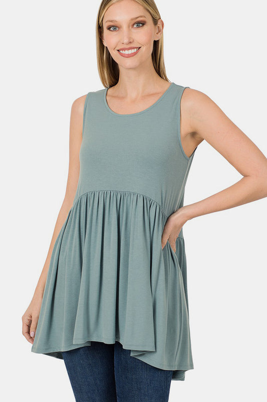 Zenana Round Neck Wide Strap Babydoll Top Blue Grey Apparel/Tops Ship from USA TikTok Tops Trendsi USPS Walmart Walmart Apparel Zenana Trendsi https://www.cyberehub.com