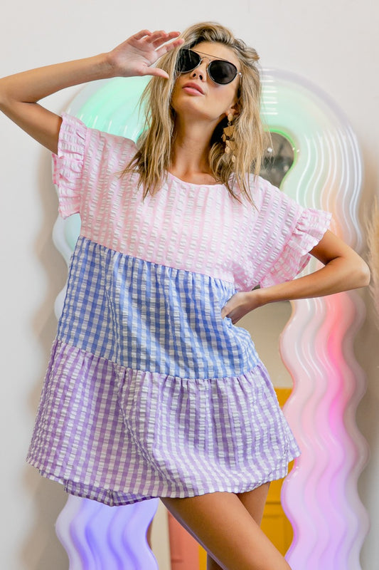 BiBi Plaid Color Block Tiered Top Tops/Jackets/Sweaters BiBi Clothing Tops Ship from USA TikTok Trendsi USPS Walmart Trendsi https://www.cyberehub.com