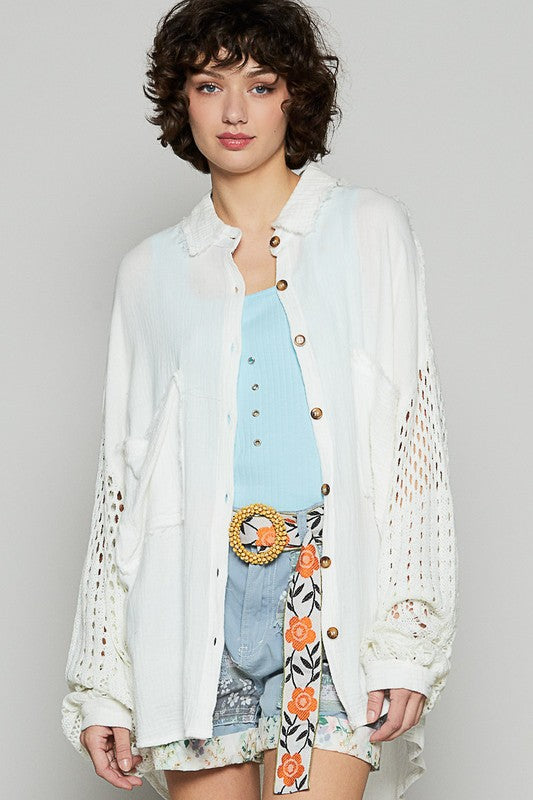 POL Openwork Lantern Sleeve Button Down Gauze Shirt Apparel Apparel POL Ship from USA TikTok Trendsi Trendsi https://www.cyberehub.com