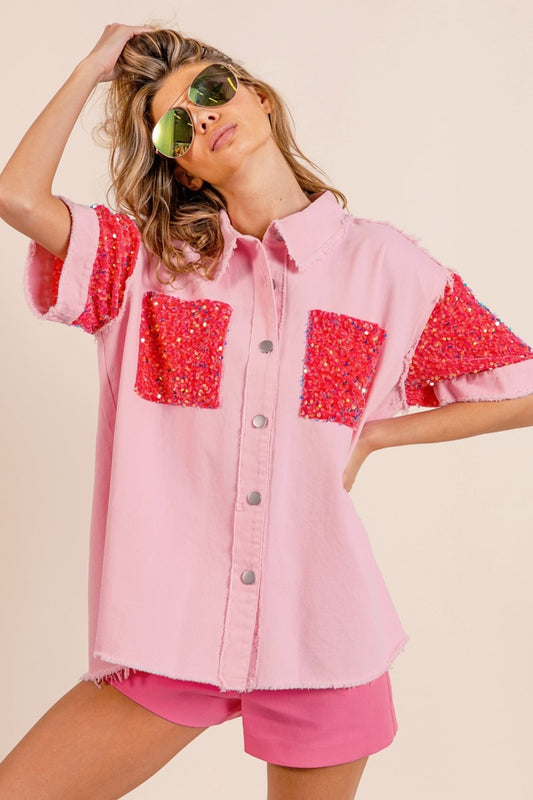 BiBi Sequin Detail Raw Hem Short Sleeve Shirt Pink Fuchsia Apparel/Tops BiBi Ship from USA TikTok Tops Trendsi USPS Walmart Walmart Apparel Trendsi https://www.cyberehub.com