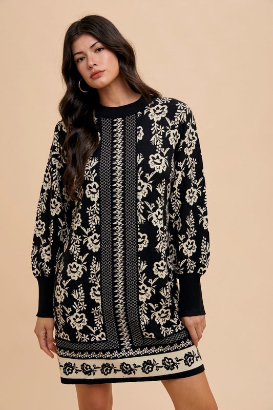 Annie Wear Floral Jacquard Round Neck Sweater Dress Black Oatmeal Apparel Annie Wear Apparel Ship from USA TikTok Trendsi Trendsi https://www.cyberehub.com