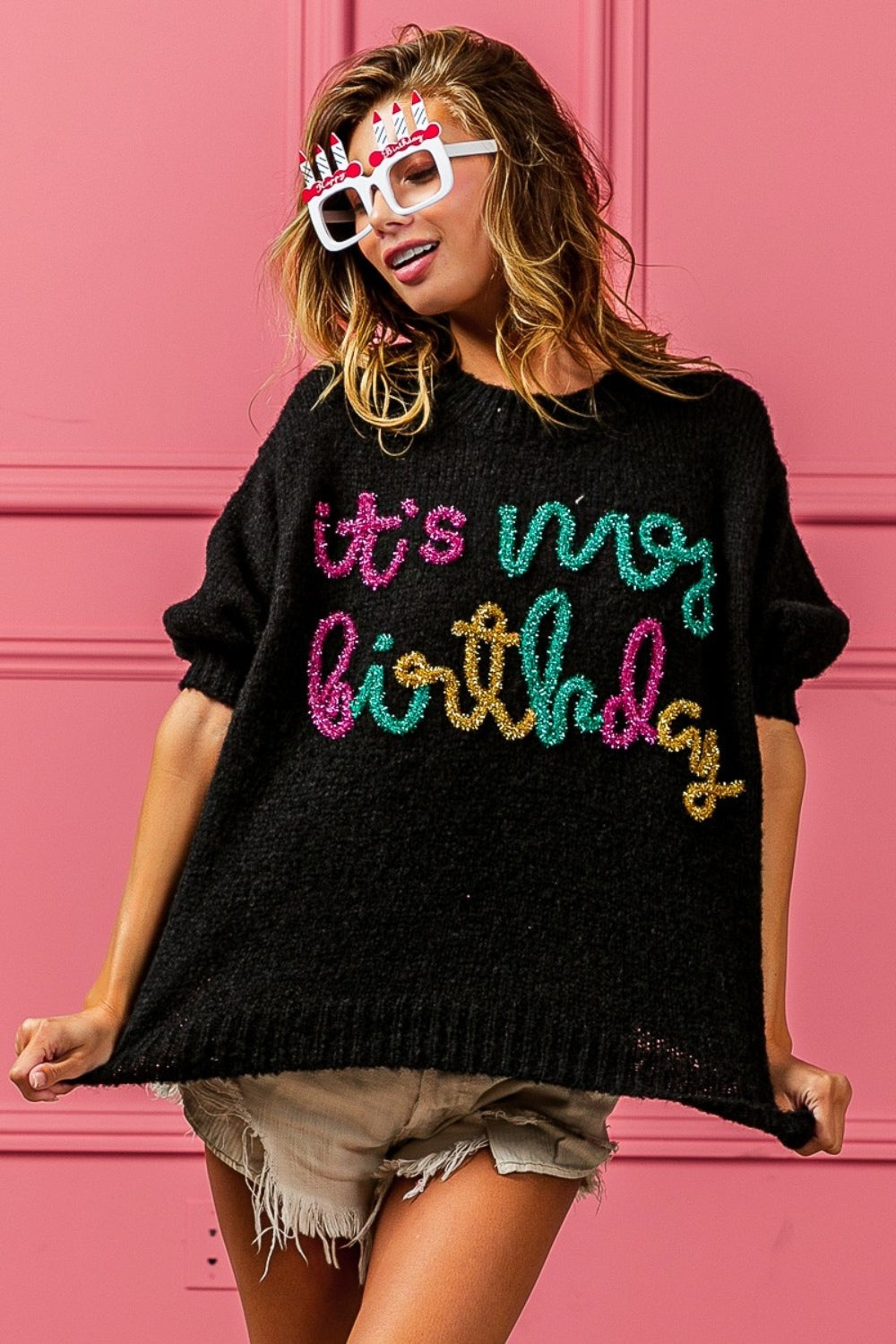 BiBi Metallic Letter Puff Sleeve Hairy Sweater Shirt Apparel BiBi Clothing Tops Ship from USA Shirts USA Women Trendsi https://www.cyberehub.com