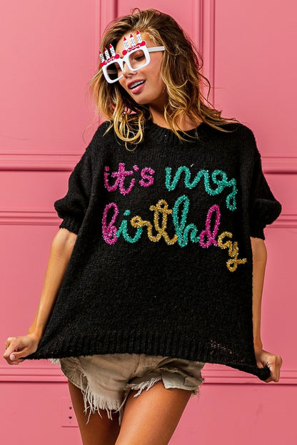 BiBi Metallic Letter Puff Sleeve Hairy Sweater Shirt Apparel BiBi Clothing Tops Ship from USA Shirts USA Women Trendsi https://www.cyberehub.com